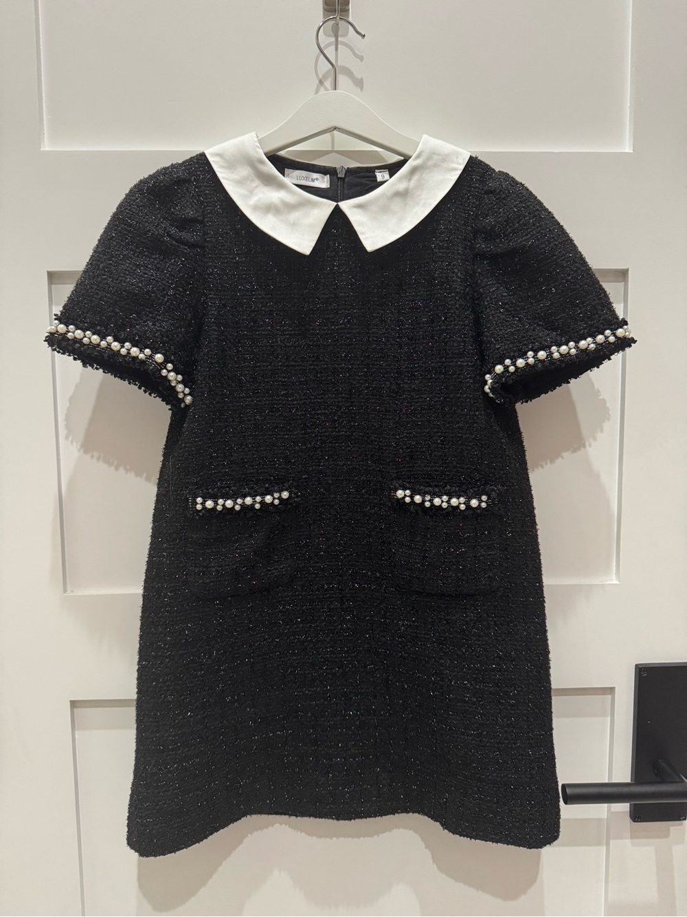 LUXELIM Girls' Black Tweed Dress with White Peter Collar and Pearl Trim